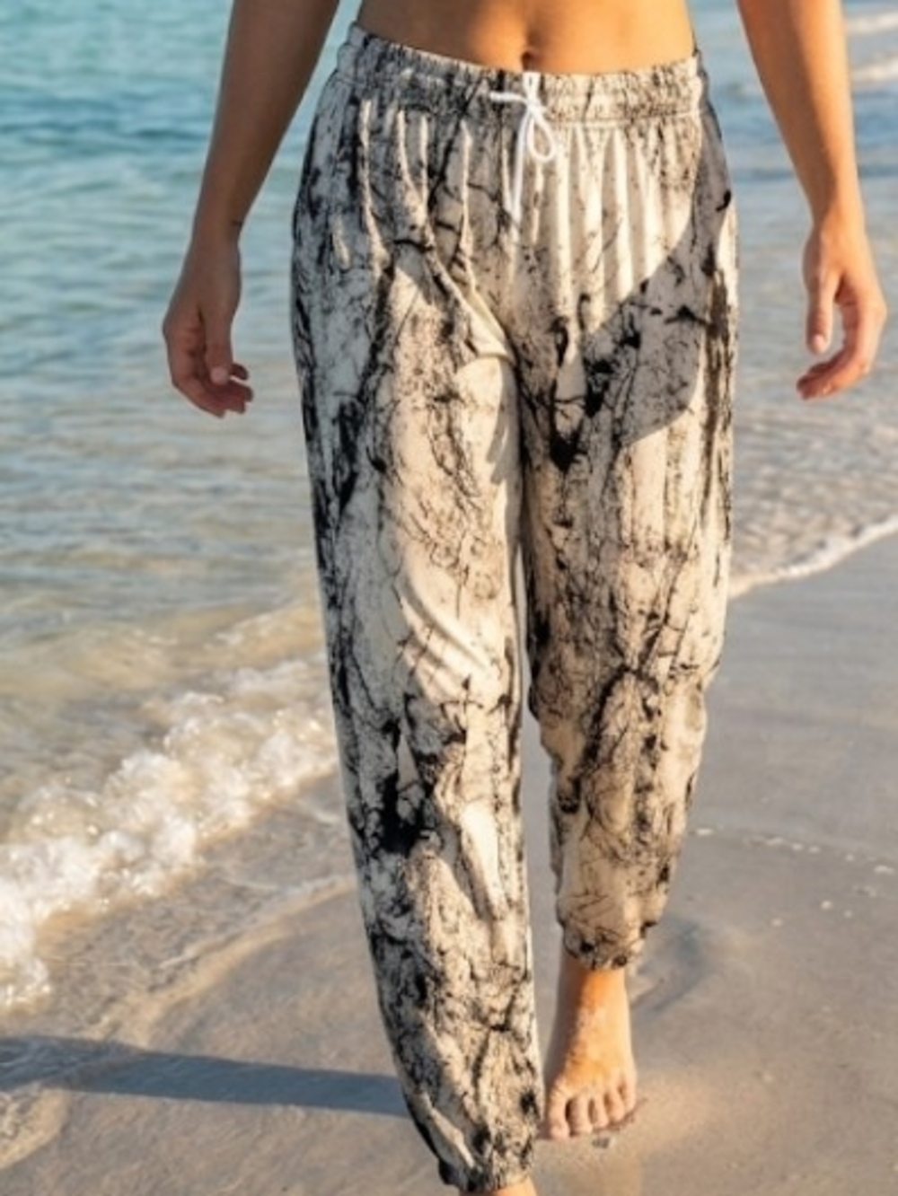 Marble-Print Drawstring Jogger Pants - White/Black (Sz S/M) Elastic Waist Flowy
